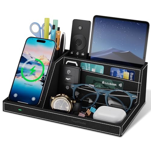TopMade Wireless Charger Desk Nightstand Organizer, Leather Pen Holder Office Supplies Desk Accessories Fast Charging Station, Remote Control Holder, for iphone Charger Stand Gifts for Men (Black)