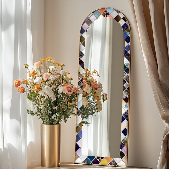 Mosaico Mirage - Specchio da pavimento ad arco a lunghezza intera, 50 x 160 cm (larghezza x altezza), con cornice nera e cornice nera