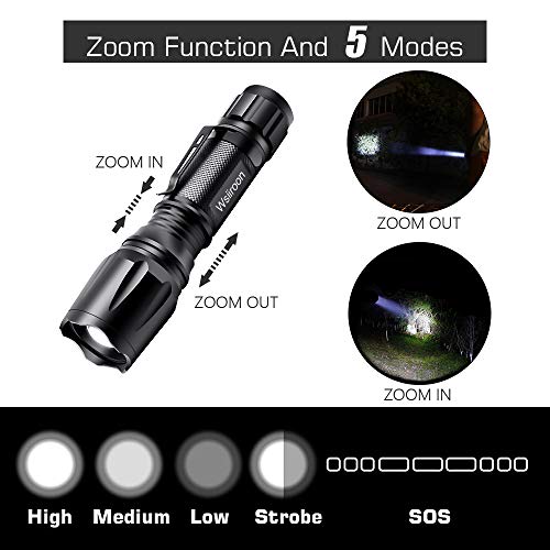 Ultra-Bright LED Flashlight, Wsiiroon CREE XML-T6 LED Flashlight, Zoomable, IP65 Water-Resistant, 5 Light Modes, Portable with Clip for Indoor and Outdoor Use, 2 pack (Batteries Not Included)