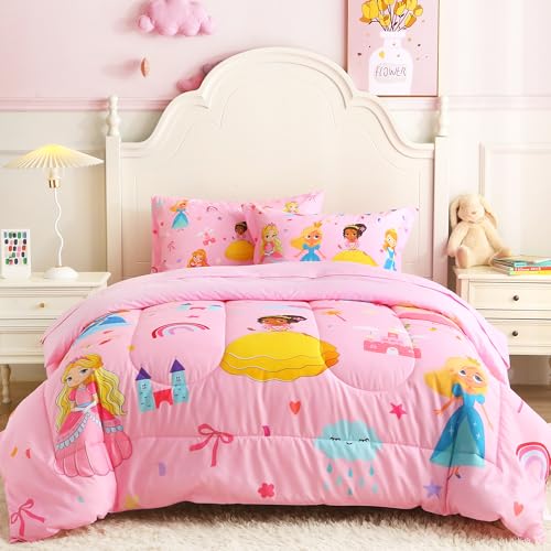 lasoftan Kids Princess Twin Comforter Set 5-Piece Soft Fluffy Bed-in-a-Bag with Comforter Fitted Sheet Flat Sheet Pillowcase Pillow Sham Deep Pocket 15 All-Season Pink Princess Twin