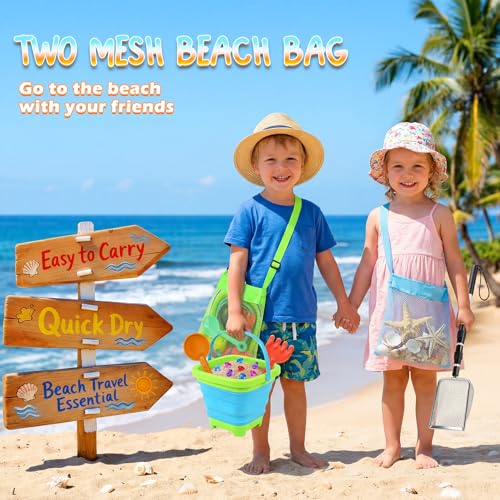 Image of Beach Sand Toys Set with Adjustable Sand Sifter, Collapsible Beach Bucket
