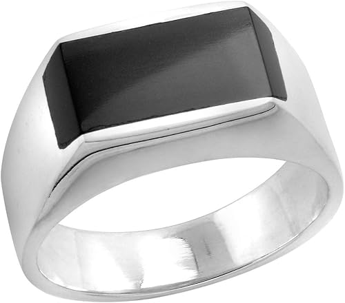 Anillo de plata de ley con obsidiana negra para hombre, delgado, rectangular, plano, parte trasera sólida, hecho a mano, tallas 9-13