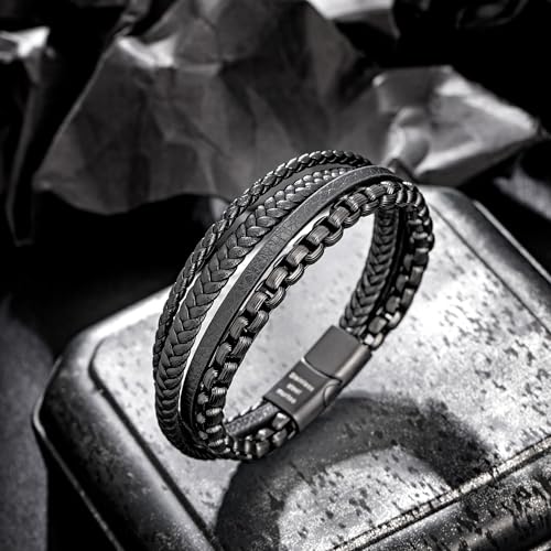 Image of Men's Leather and Steel Chain Bracelet with Clasp
