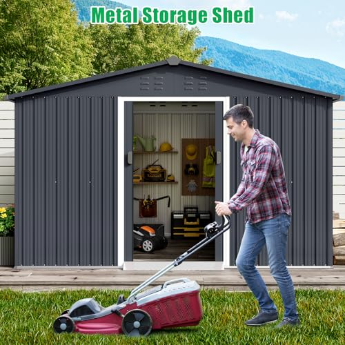 Outdoor Storage Shed 12 x 10 Ft, Outdoor Tool Metal Shed with Lockable Door, Air Vents and Sloping Roof, Metal Aluminum Waterproof Tool Sheds for Yard, Garden, Patio, Garage, Lawn, Gray