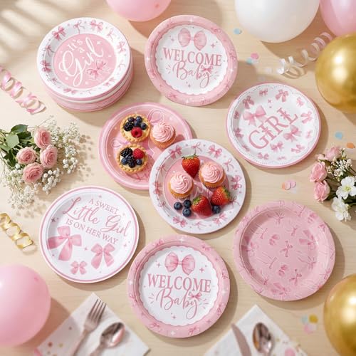 Image of Funnymoom 60 Pcs 7 Inch Pink Bow Baby Shower Paper Plates a Sweet Little Girl Is on Her Way Party Decoration, Coquette Pink Bow Welcome Baby Disposable Plates for Dessert Birthday Party Supplies