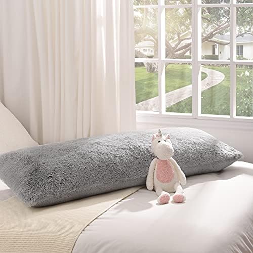 Super Soft Fluffy Body Pillow Cover with Zipper, Prabia Fuzzy Cute Home Decorative Throw Pillow Covers for Bed/Couch, Accent Long Full Body Pillow Pillowcase for Adults Pregnant Women, 20″x54″, Grey