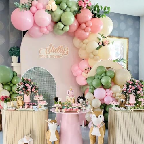 Image of Pink and Green Balloon, 60PCS Sage Green Party Balloon, 12Inch Olive Pastel Pink Balloons Metallic Gold Confetti Balloons for Baby Shower Wedding Jungle Cactus Birthday Party Decoration