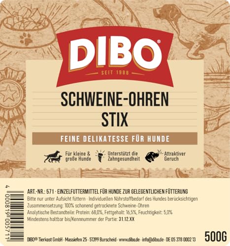 DIBO Schweine-Ohren-Stix, 500g-Beutel, der kleine Naturkau-Snack oder Leckerli für Zwischendurch, Hundefutter, Qualitätskauartikel ohne Chemie