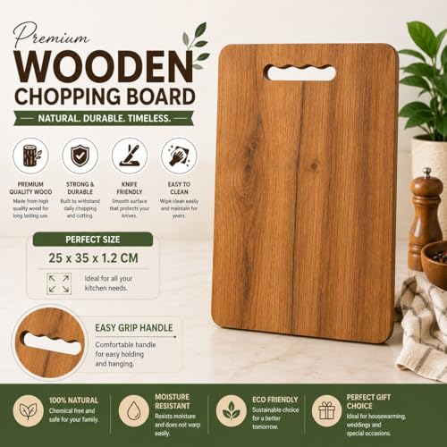 Image of Wooden Bamboo Cutting Board with Antibacterial Surface with Stainless Steel Handle, Chopping Board for Kitchen, Cutting Board for Kitchen(Wooden Chopping Board 22 x 32 CM)