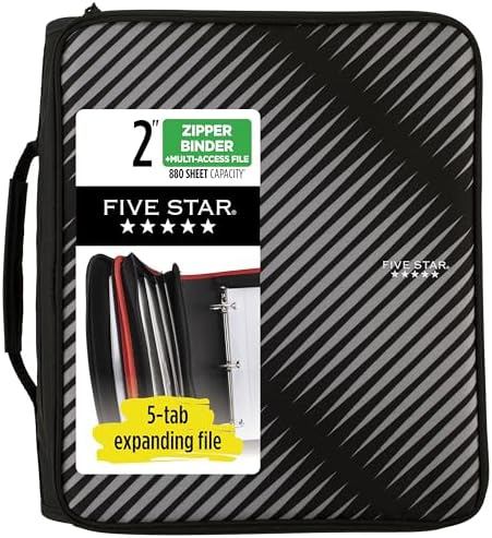 Five Star Zipper Binder, 2 Inch 3-Ring Binder with Round Rings, 5-Tab Expanding File, 380 Sheet Capacity, Black (72536)