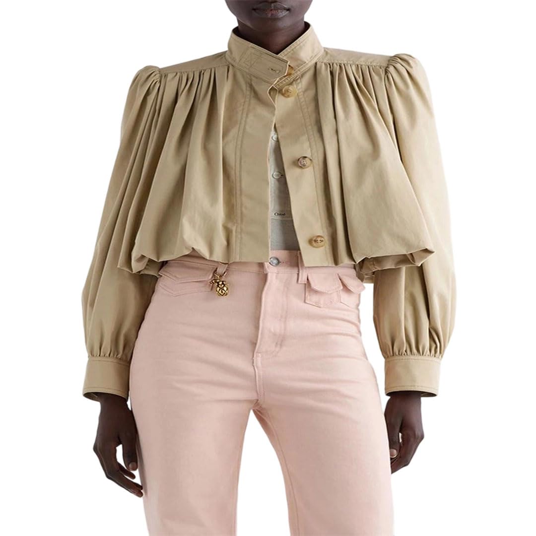 Womens Pleated Cropped Jacket Stand Collar Long Sleeve Modern Blazer