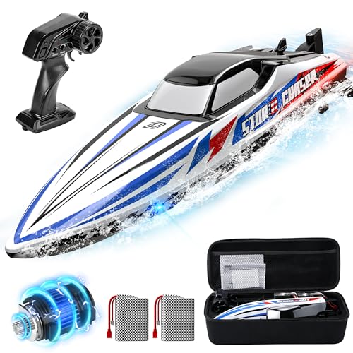 DEERC 16" Brushless RC Boat for Adults, Hobby Grade 35+ KPH Remote Control Racing Boat with 3S Power, Self-Righting, Metal Drive Shaft, 2 * 2000mAh Batteries and Carrying Case for Lakes and Pools