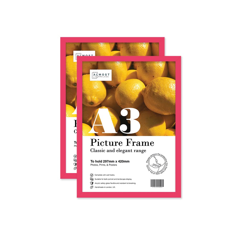 Almost Frameless A3 Bright Pink Picture Frame Set of 2, Display A3 Picture Gallery Wall, Poster, Photo, Artwork, or Print, Bright Pink