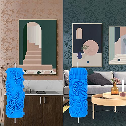 OLYCRAFT 2 Styles 19cm Blumenmuster Malerei Roller Gemusterte Farbwalze Dekorative Gummiwalze Strukturierte Gummiwalzen Wandtextur Schablonenbürste Für Möbel Wand Decke Schränke - Königsblau