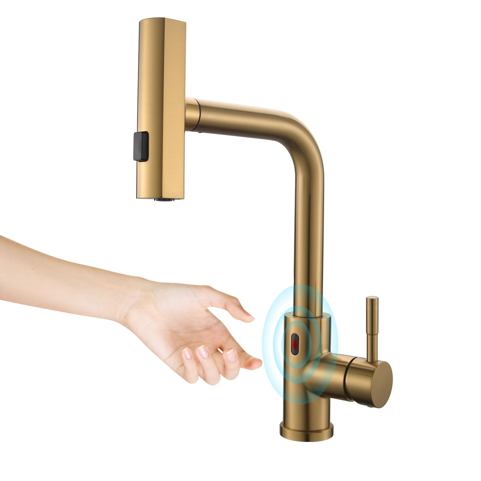 CENOSA Touchless Kitchen Faucet Motion Sensor Hands Free Single Handle Kitchen Sink Faucet with Pull Down Sprayer Brusshed Gold
