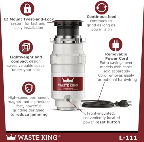 Image of Waste King Garbage Disposal for Kitchen Sink with Power Cord, Compact Food Waste Disposer, L-111 (Pack of 2)