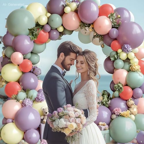 Image of Dusty Green Purple Pink Balloons Arch Kit, Double Stuffed Pastel Balloon Garland with Lavender Lilac Yellow Green Red Latex Balloons for Birthday Baby Shower Wedding Anniversary Decorations.