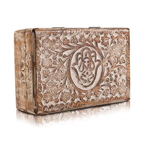 Handmade Decorative Wooden Jewelry Box Hamsa Hand Carving Jewelry Organizer Keepsake Box Treasure Chest Trinket Holder Watch Box Storage Lock Box 8 X 5 Inches Housewarming Gift (White) #TOP5