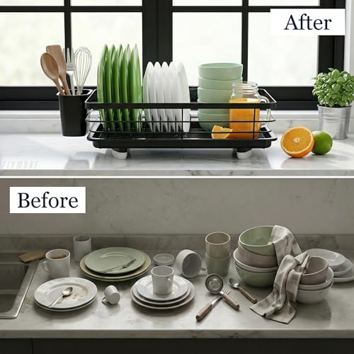 Image of flymore Dish Drying Rack with Cutlery Holder | Heavy Stainless Steel Kitchen Drying Rack with Drain Tray & Cutlery Holder | Countertop Utensils Stand - Sink Organization & Home Decor