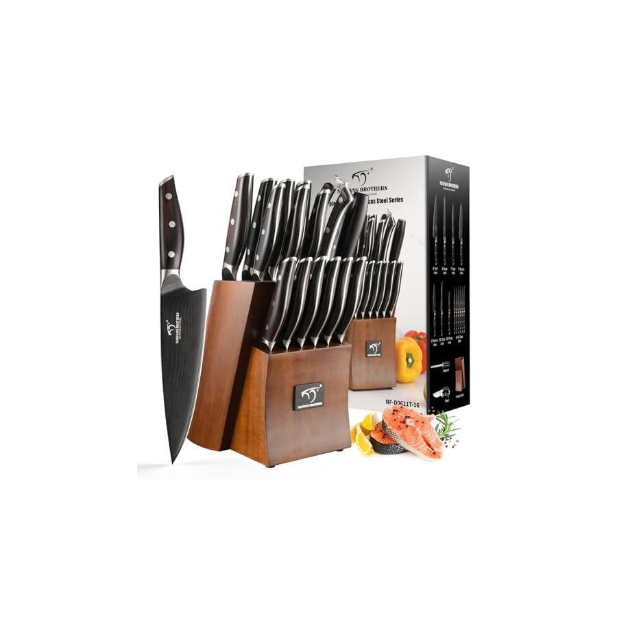 16-Piece Damascus Knife Set with VG10 Core Blades, 67-Layer Damascus Steel, Black Titanium Coated Kitchen Knives for Polished Ebony Wood Handle, Professional Chefs & Home Cooking