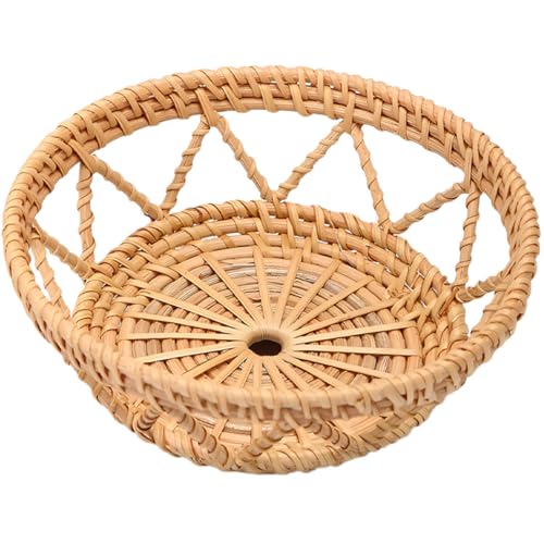LABRIMP Cesta de Ratán Natural Tejida para Frutas y Snacks Bandeja Decorativa Redonda para Mesa Soporte Práctico para Almacenamiento de Alimentos y Aperitivos