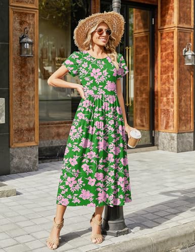 Image of Zeagoo Summer Dresses for Women 2026 Maxi Bohemian Floral Short Sleeve Long Dress Casual Flowy Tired Beach Sundress