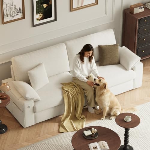 Image of MALOL 89 inch Loveseat Couch, 3 Seater Upholstered Midcentury Mondern Love Seat with USB Type C Ports, 4 Pillows and Storage Armrest Cloud Foam Sofa for Living Room /Small Spaces, Beige | Breathable material