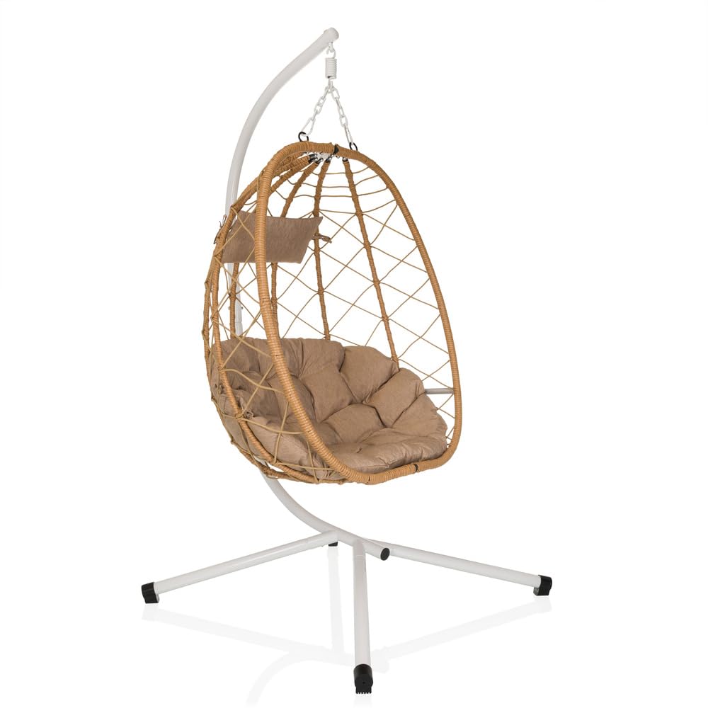 Poltrona sospesa con struttura COCOVA Poltrona sospesa per esterni con cuscino, poltrona per giardino, balcone, patio e soggiorno, bianco/beige