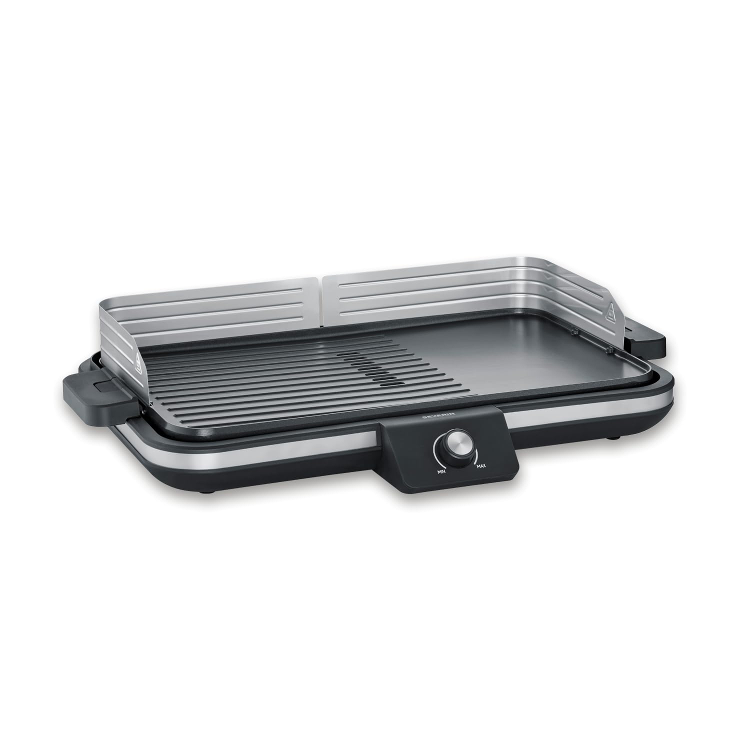 SEVERIN Parrilla Eléctrica, plancha grill de mesa, 2.300 W hasta 230°C, con revestimiento cerámico y pantalla LED, para carne, pescado, marisco y verdura, acero inoxidable y negro mate, PG 8564