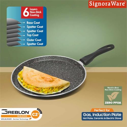 Image of Signoraware Perfecto 6 Coating Non Stick Dosa Tawa | Gas & Induction Compatible | Prevent Sticking & Burning | Ideal for Making Roti, Dosa, Paratha, Pancake & Toasting Sandwiches (30cm | Steel)