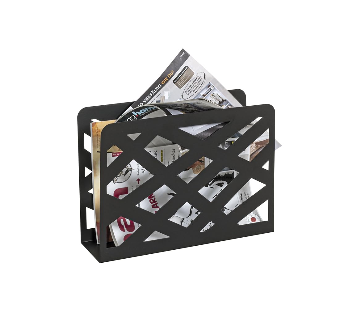 HAKU Revistero de metal negro con perforaciones trapezoidales, soporte para periódicos y cesta para revistas - Dimensiones: An 35 x Al 26 x Pr 10 cm, Estilo: Moderno