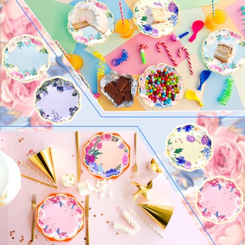 Benvo 60 Pack Floral Paper Plates 9 Inch Flower Dessert Plates Sparkle Disposable Plates for Tea Party Garden Party Baby Shower Bridal Shower Birthday Wedding Decorations(6 Assorted Styles)