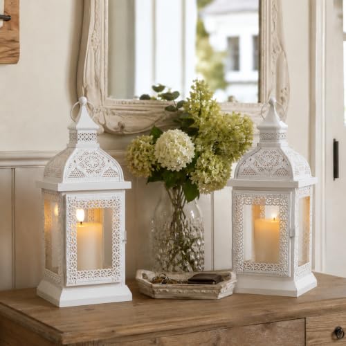 Image of TRIROCKS Set of 2 Rustic Style Metal Candle Lantern 32cm High Decorative Outdoor Lantern Candle Holder with Tempered Glass for Home Living Room Garden Patio Parties Indoors Outdoors (Cream)