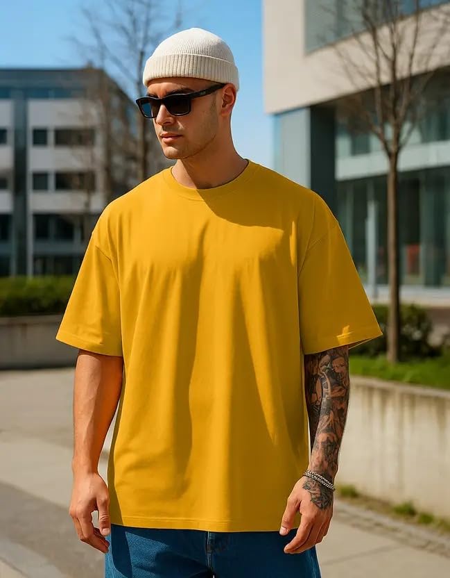 Image of Veirdo Oversized Baggy Fit Drop Shoulder Half Sleeves Round Neck Solid Pure 100% Cotton T-Shirt for Men (Available in White, Black, Mustard, Maroon, Green, Lilac, Navy, Red Color)
