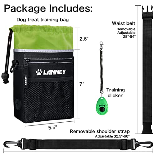 Dog Treat Pouch Pet Training Bag for Small to Large Dogs, Treat Tote Carry Kibble Snacks Toys for Training Reward Walking, Metal Clip, Waist belt, Shoulder Strap, Poop Bag Dispenser, Black with Green