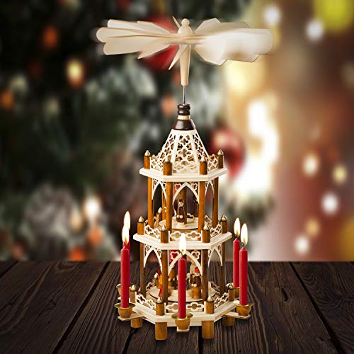German Christmas Decoration Pyramid - 21 Inches - Wood Nativity Scene Set - Under The Christmas Tree And Table Top Holiday Decor - Nativity Play 3 Tiers Carousel With 6 Candle Holders - German Design #TOP6