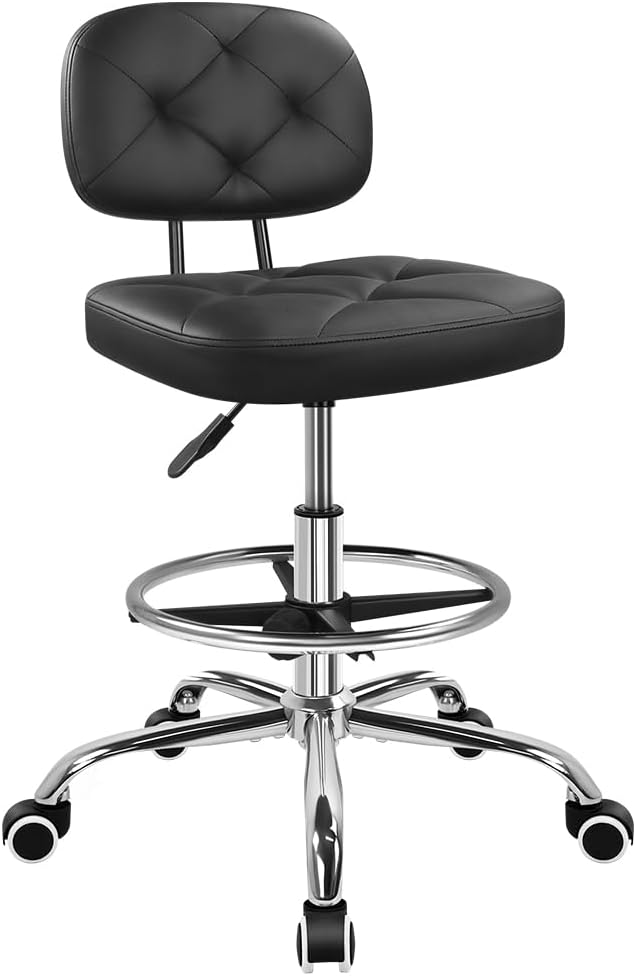 KKTONER Drafting Chair with Backrest Rolling Stool with Wheels Adjustable Footrest Swivel Chair Height Adjustable Office Chair for Shop Counter Studio Work Bar Kitchen (Black)