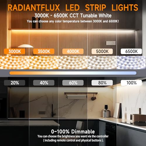 Image of 16.4ft Dimmable White LED Strip Light Kit, Dimmable 3000K-6500K, 24V Strip Lights with Remote Control, Flexible LED Strip Light, Eye Protection for Bedroom, Home Lighting, Mirror, Kitchen, Bar Cabinet