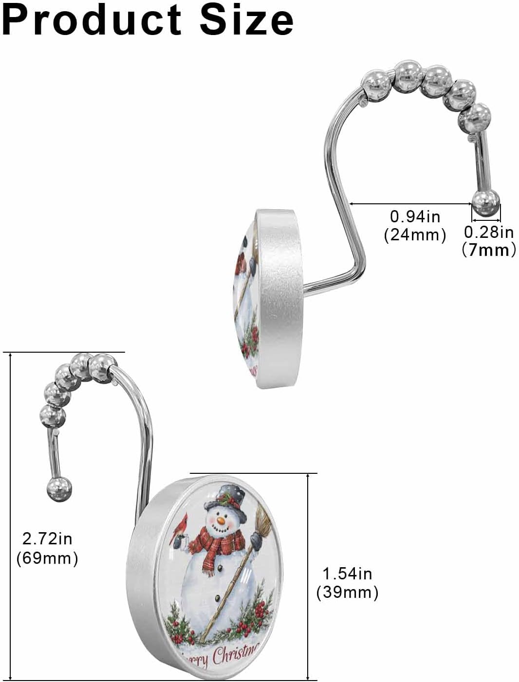 Shower Curtain Hooks 12 Pcs Christmas Winter Grey Broom Scarf Snowman Northern Cardinal Stainless Steel Rust Proof Rolling Shower Curtain Rings, Decorative Shower Curtain Hooks Hangers for Bathroom