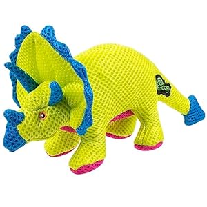 goDog Double Chew Guard Mesh Dinos Frills Squeaky Dog Toy – Yellow, Small
