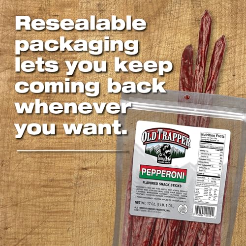 Image of Old Trapper Pepperoni Snack Sticks, 17-Ounce Resealable Bag, Natural Wood Smoked Meat Sticks, 9 Grams of Protein and 150 Calories Per Ounce (Pack of One)