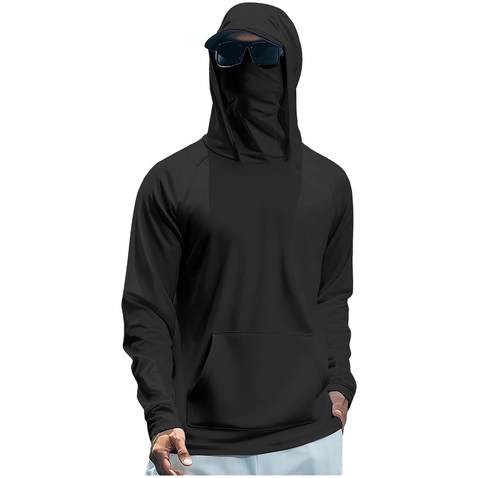 Men's Sun Protection Hoodie with Face Mask Quick Dry Fishing Shirt Lightweight UPF 50+ UV Hoodie Long Sleeve Rash Vest for Hiking Running Outdoor, Black, L