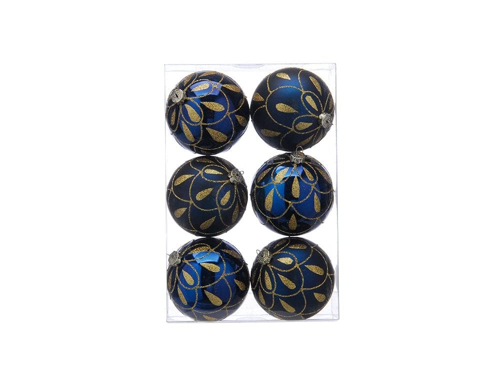 Festive Productions Shatterproof Drape Baubles Navy Blue with Gold Glitter Detailing Pack of 6