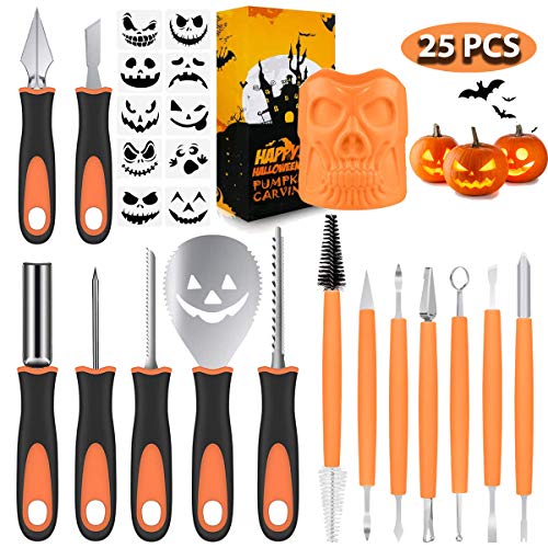 25 PCS Halloween Pumpkin Carving Tools Kit, with 7 Professional Detail Sculpting Tools, Heavy Duty Stainless Steel Pumpkin Cutting Set, for Adults and Kids