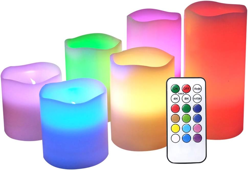 DRomance Color Changing Flameless Candles with 18-Key Remote and Timer, 3 AAA Batteries Operated 6 Pack Real Wax Flickering LED Pillar Candles Mood Light Wedding Holiday Decor(3" x 3",4", 5",6")