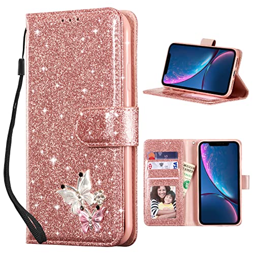 UEEBAI Wallet Case for iPhone XR, Glitter PU Leather Phone Cover Card Slots Kickstand Wallet Magnetic Closure Bling Flip Case Shockproof Hand Strap Flip Cover - Rose Gold