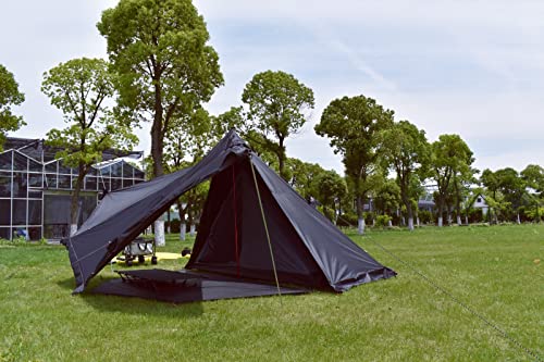 5-6人用アウトドアピラミッドテント ワンポールテント スノースカート型 高さ190-220cm調節可能 冬キャンプ 薪ストーブ内蔵 難燃性のあるファブリックインディアテント (黒の外帳(直径400cm 高さ220cm )+内掛蚊帳)