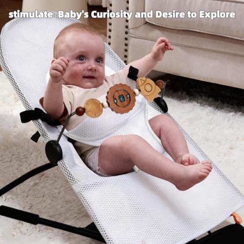 Image of Baby Bouncer Toy Bar Compatible with Baby Bjorn Bouncer, with Wooden Toys in Flying Saucer, Spaceship, and Planet Shapes to Stimulate Baby's Curiosity and Desire to Explore