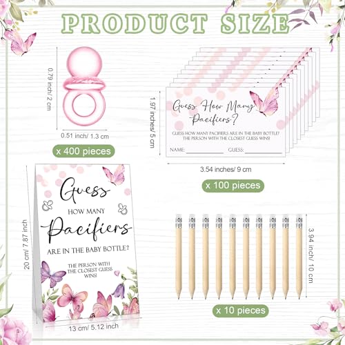 Image of Roowest 512 Pcs Baby Shower Games Guess How Many Pacifiers Sign 100 Small Guessing Games 10 HB Pencils 750ml Milk Bottle 400 Acrylic Pacifiers Decoration for Guest Gender Reveal(Pink,Butterfly)