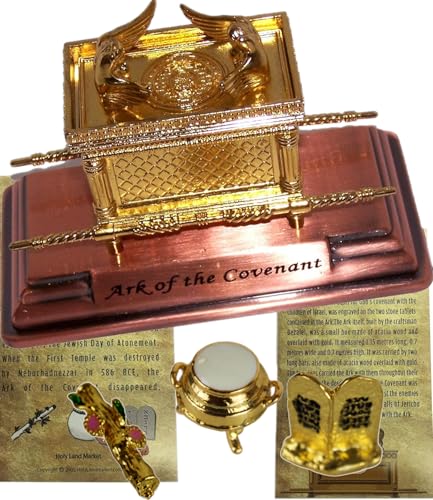 Holy Land Market Ark of The Covenant Gold-Plated Replica - Small Desktop Set with Explanation Card, Israel Ark of The Testimony and Contents